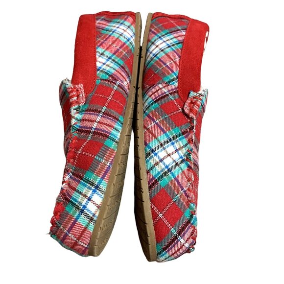 Lands End Moccasin Slippers Womens 10 B Red Plaid Faux Fur Lined Flannel Shoes - Picture 5 of 12